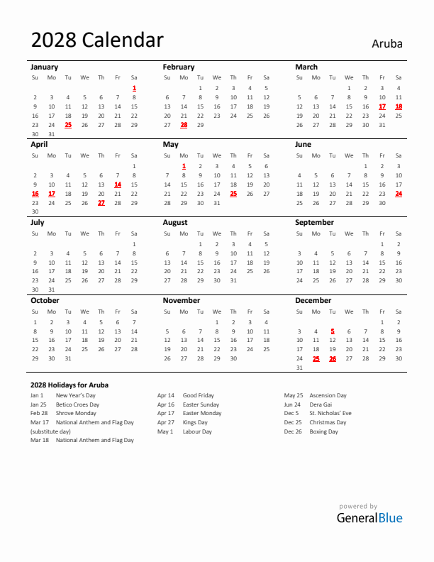 Standard Holiday Calendar for 2028 with Aruba Holidays