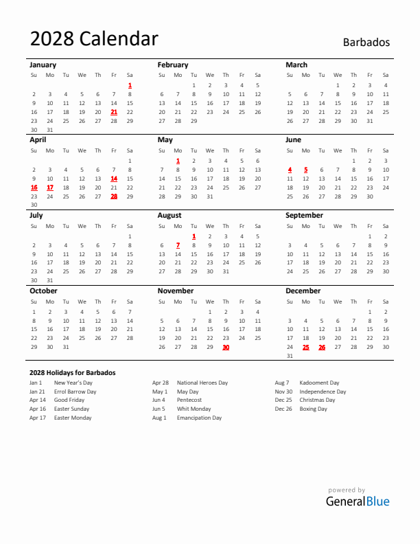 Standard Holiday Calendar for 2028 with Barbados Holidays