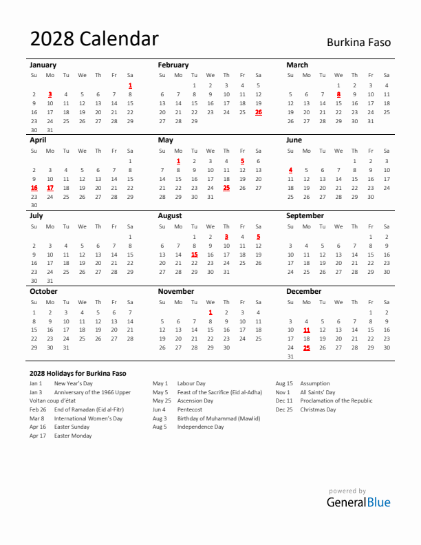 Standard Holiday Calendar for 2028 with Burkina Faso Holidays