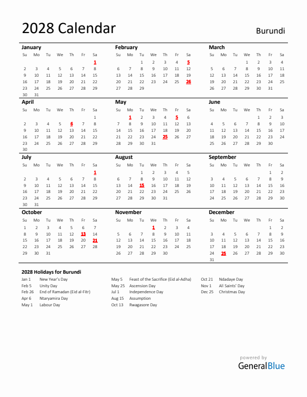 Standard Holiday Calendar for 2028 with Burundi Holidays
