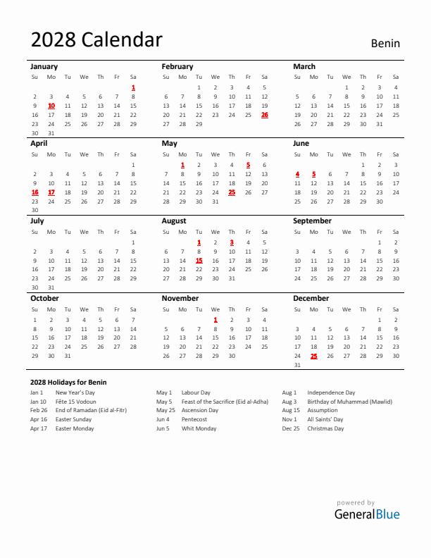 Standard Holiday Calendar for 2028 with Benin Holidays
