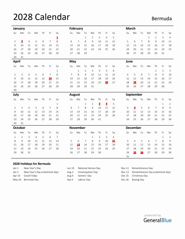 Standard Holiday Calendar for 2028 with Bermuda Holidays