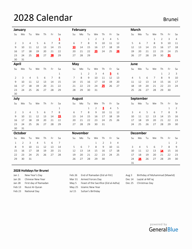Standard Holiday Calendar for 2028 with Brunei Holidays