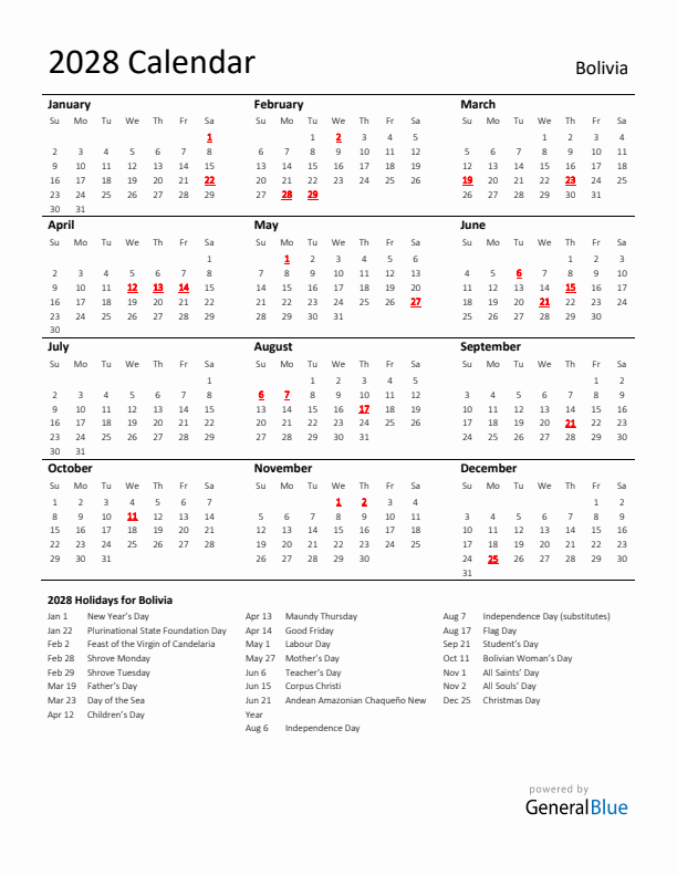 Standard Holiday Calendar for 2028 with Bolivia Holidays