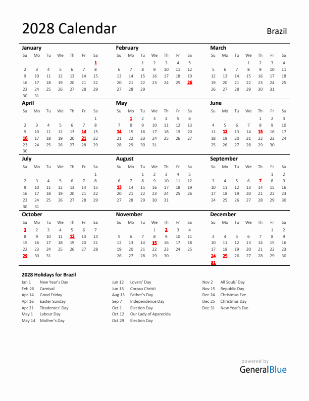 Standard Holiday Calendar for 2028 with Brazil Holidays