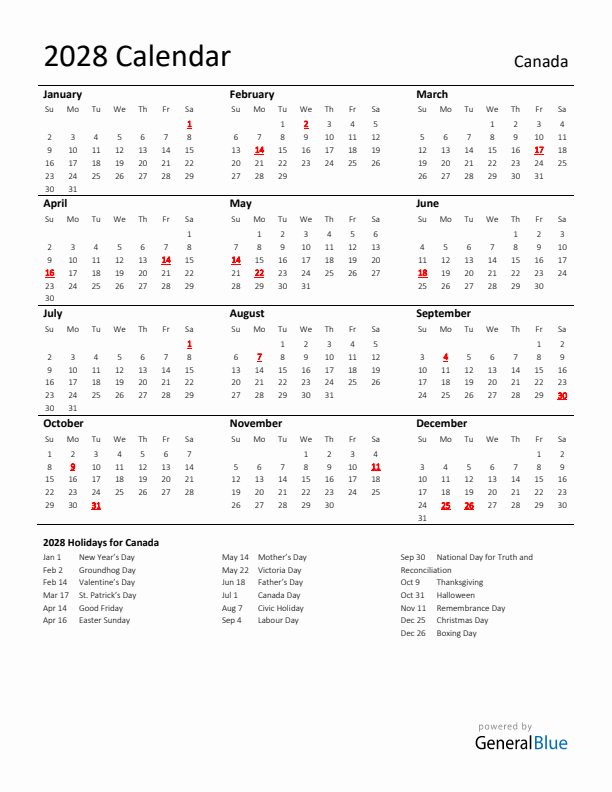 Standard Holiday Calendar for 2028 with Canada Holidays
