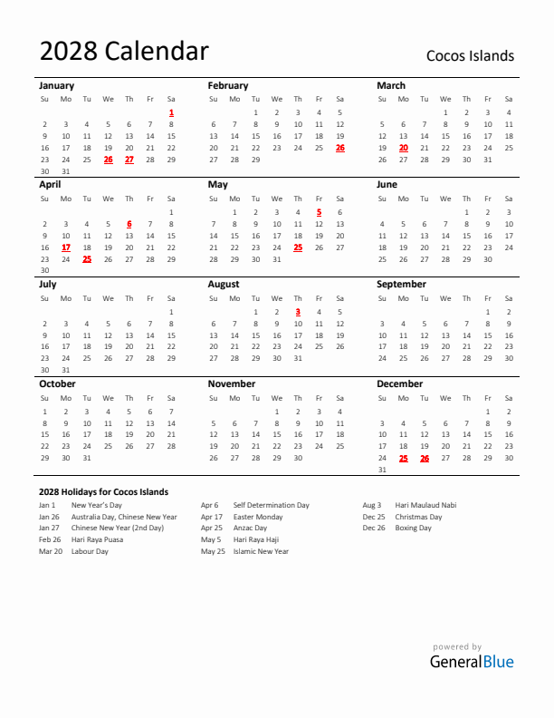 Standard Holiday Calendar for 2028 with Cocos Islands Holidays