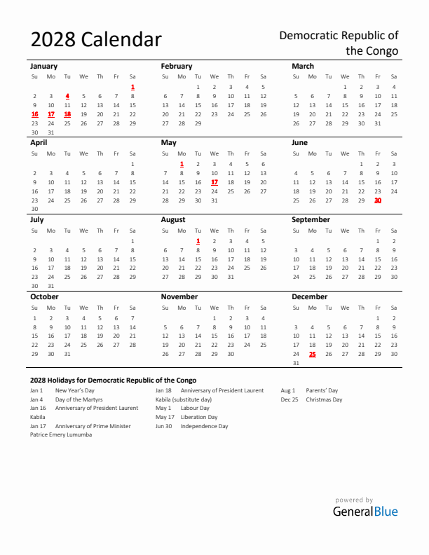 Standard Holiday Calendar for 2028 with Democratic Republic of the Congo Holidays 