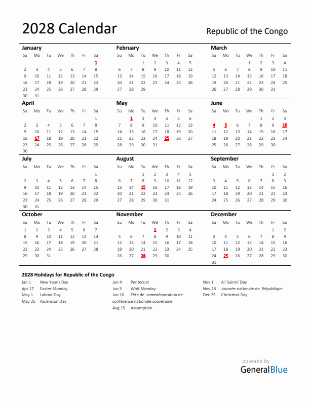 Standard Holiday Calendar for 2028 with Republic of the Congo Holidays 