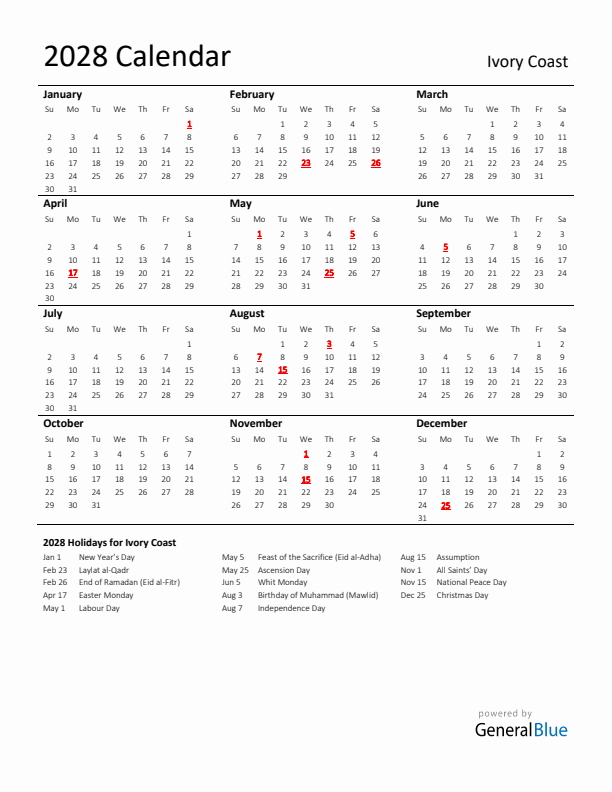 Standard Holiday Calendar for 2028 with Ivory Coast Holidays 