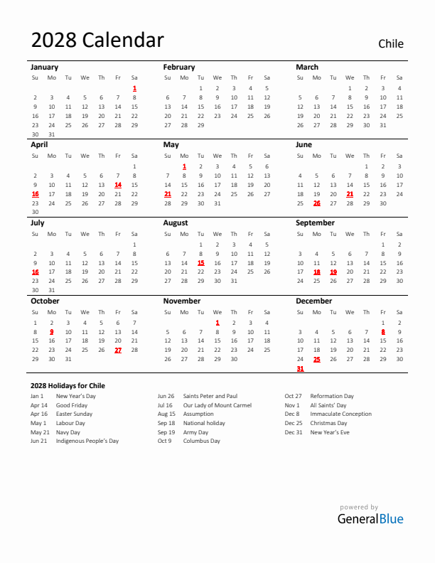 Standard Holiday Calendar for 2028 with Chile Holidays