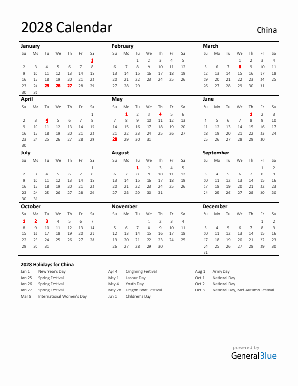 Standard Holiday Calendar for 2028 with China Holidays