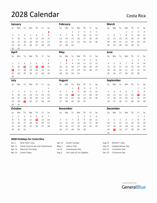 Standard Holiday Calendar for 2028 with Costa Rica Holidays