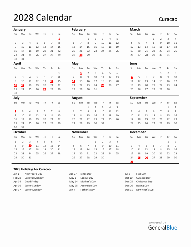 Standard Holiday Calendar for 2028 with Curacao Holidays