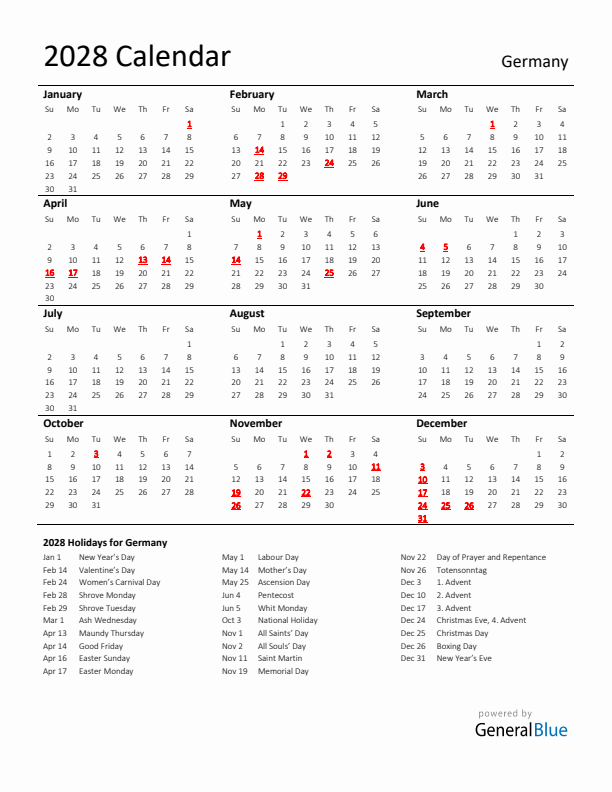 Standard Holiday Calendar for 2028 with Germany Holidays