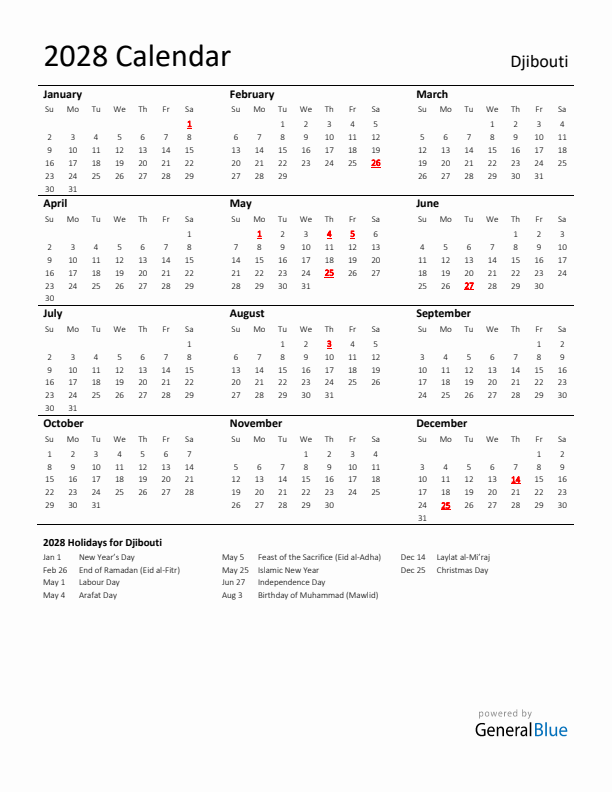 Standard Holiday Calendar for 2028 with Djibouti Holidays 