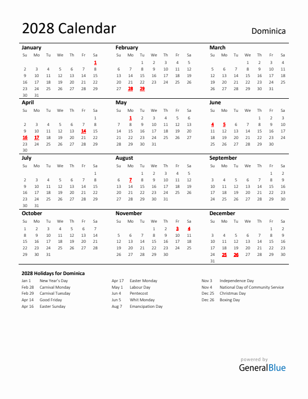 Standard Holiday Calendar for 2028 with Dominica Holidays
