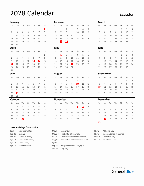 Standard Holiday Calendar for 2028 with Ecuador Holidays