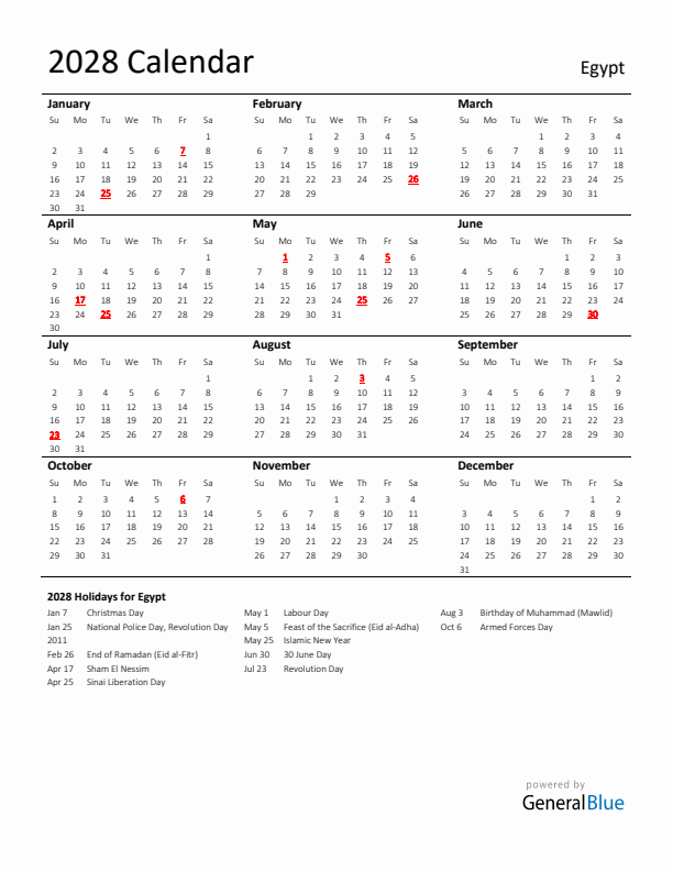 Standard Holiday Calendar for 2028 with Egypt Holidays 