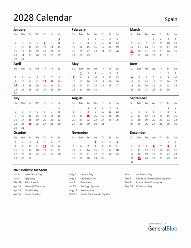 Standard Holiday Calendar for 2028 with Spain Holidays