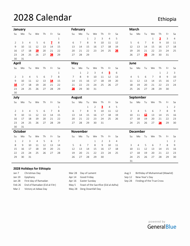 Standard Holiday Calendar for 2028 with Ethiopia Holidays