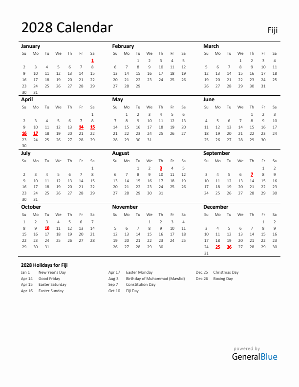 Standard Holiday Calendar for 2028 with Fiji Holidays 