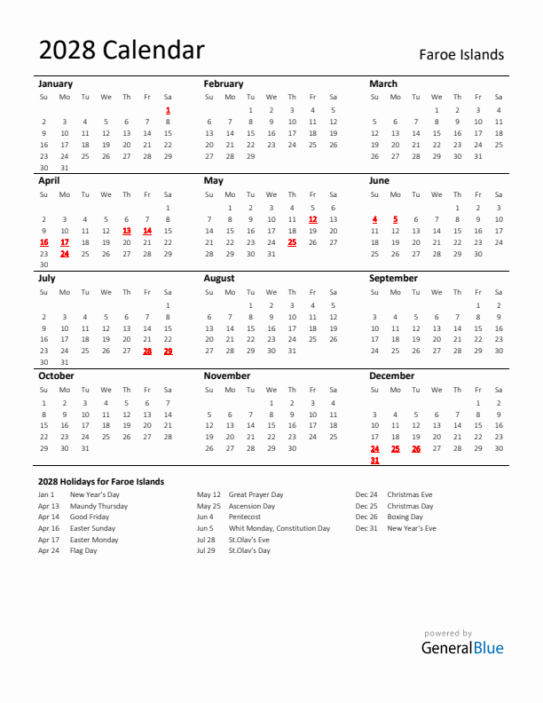 Standard Holiday Calendar for 2028 with Faroe Islands Holidays