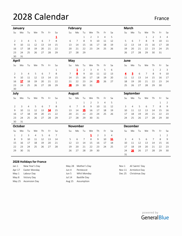 Standard Holiday Calendar for 2028 with France Holidays