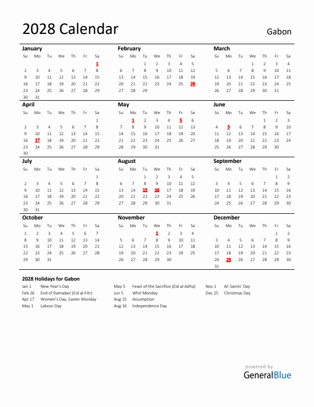 Standard Holiday Calendar for 2028 with Gabon Holidays
