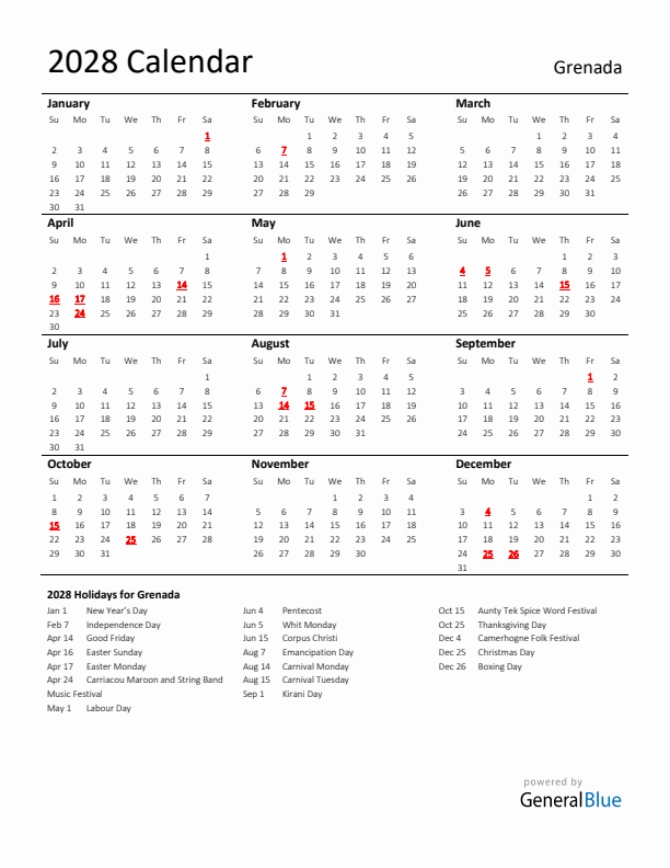 Standard Holiday Calendar for 2028 with Grenada Holidays