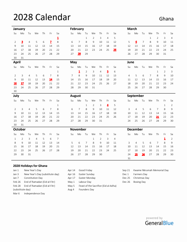 Standard Holiday Calendar for 2028 with Ghana Holidays 