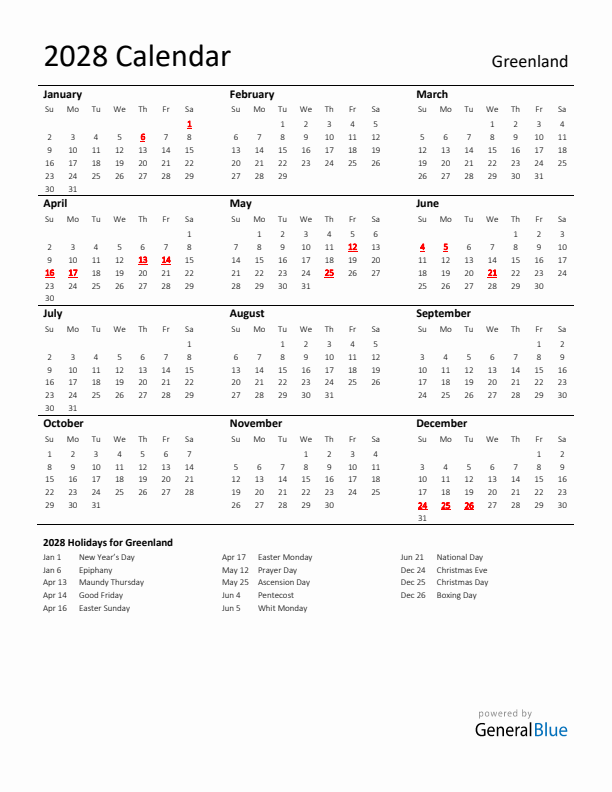 Standard Holiday Calendar for 2028 with Greenland Holidays