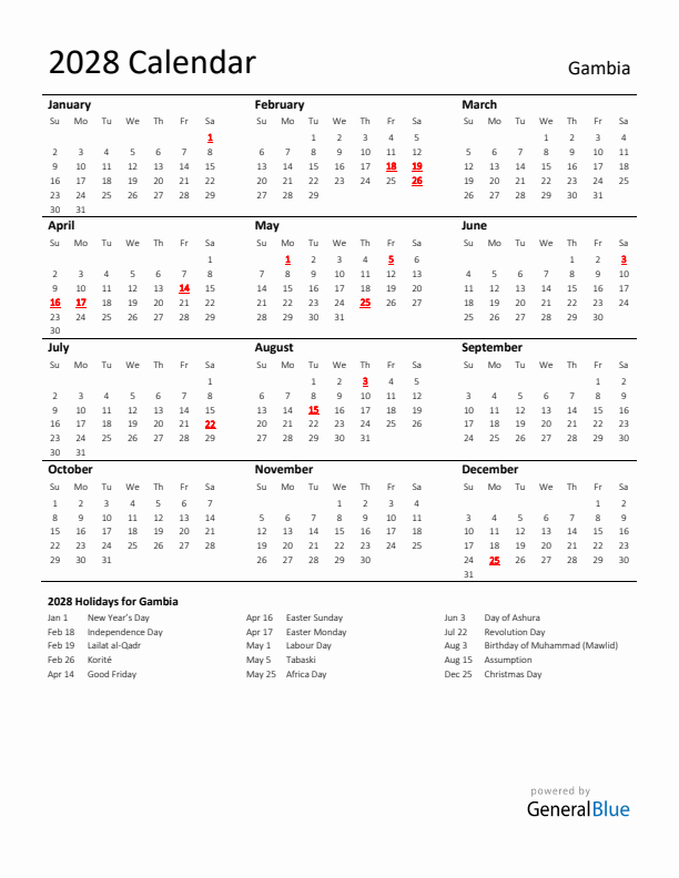 Standard Holiday Calendar for 2028 with Gambia Holidays 