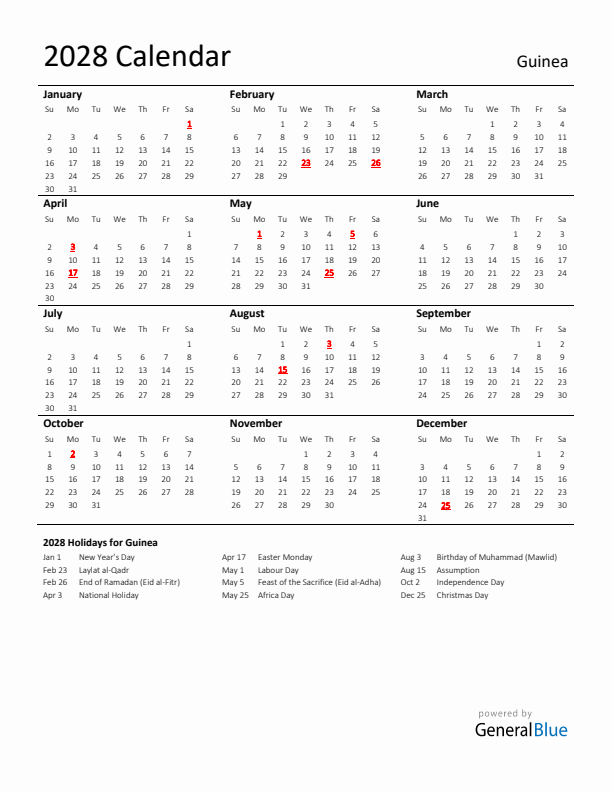Standard Holiday Calendar for 2028 with Guinea Holidays 