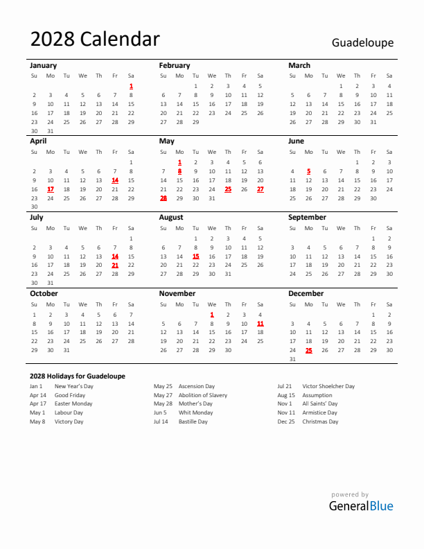 Standard Holiday Calendar for 2028 with Guadeloupe Holidays