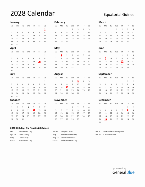 Standard Holiday Calendar for 2028 with Equatorial Guinea Holidays
