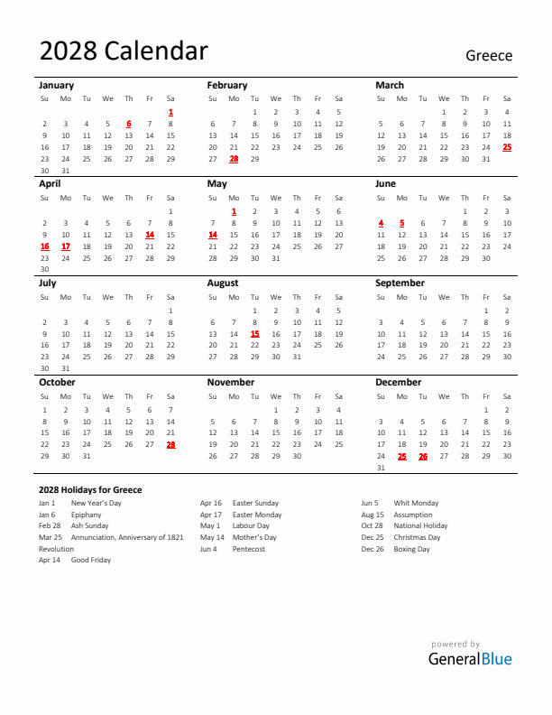 Standard Holiday Calendar for 2028 with Greece Holidays