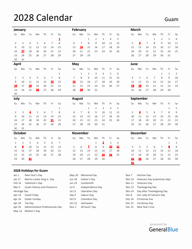 Standard Holiday Calendar for 2028 with Guam Holidays