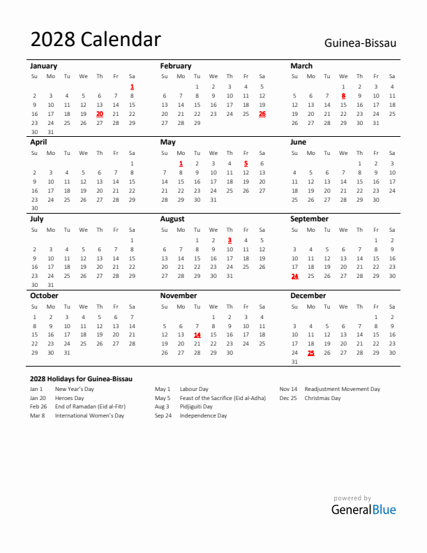 Standard Holiday Calendar for 2028 with Guinea-Bissau Holidays 