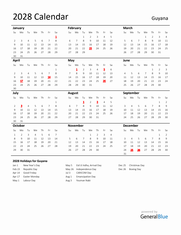 Standard Holiday Calendar for 2028 with Guyana Holidays