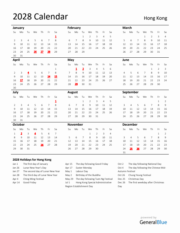 Standard Holiday Calendar for 2028 with Hong Kong Holidays 