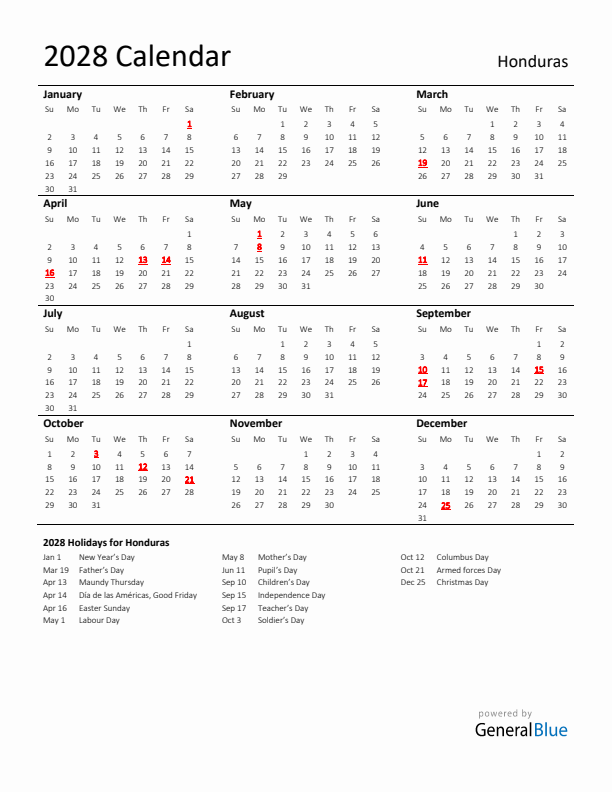 Standard Holiday Calendar for 2028 with Honduras Holidays