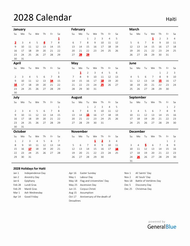 Standard Holiday Calendar for 2028 with Haiti Holidays