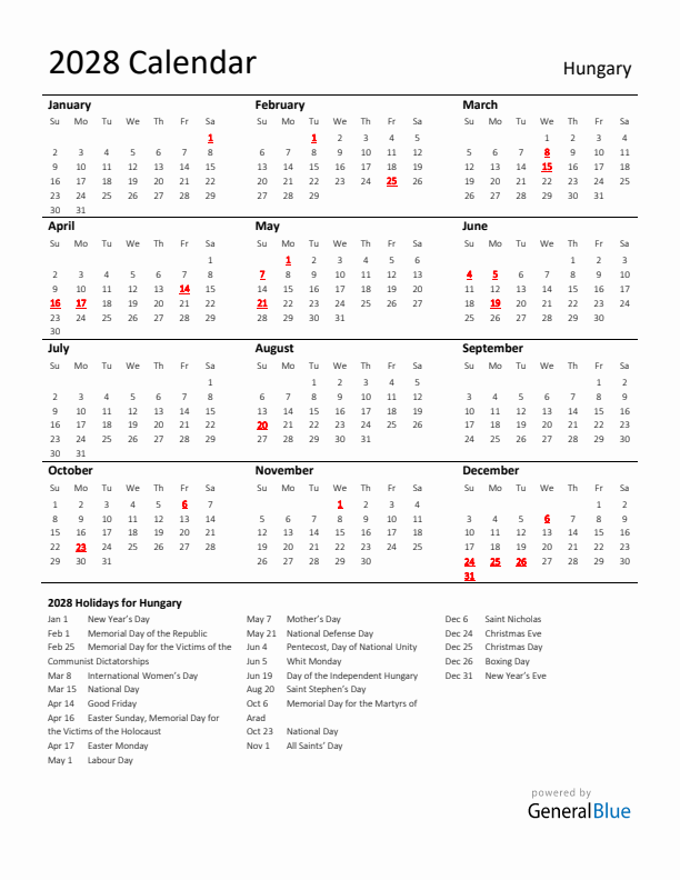 Standard Holiday Calendar for 2028 with Hungary Holidays