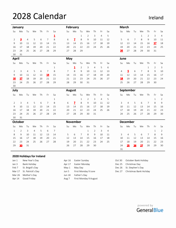 Standard Holiday Calendar for 2028 with Ireland Holidays