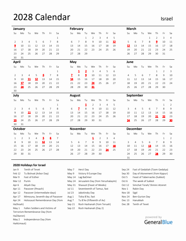 Standard Holiday Calendar for 2028 with Israel Holidays 