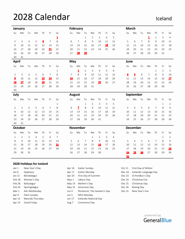 Standard Holiday Calendar for 2028 with Iceland Holidays