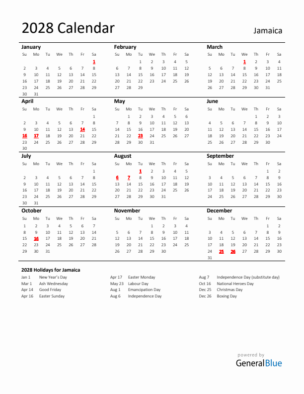 Standard Holiday Calendar for 2028 with Jamaica Holidays