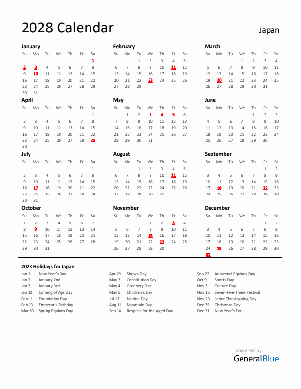 Standard Holiday Calendar for 2028 with Japan Holidays