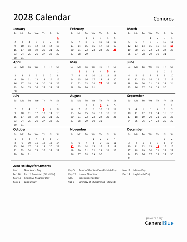 Standard Holiday Calendar for 2028 with Comoros Holidays 